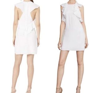 BCBG MAXAZRIA Jenni Ruffle Shoulder Racerback Chiffon White Shift Dress M NWT